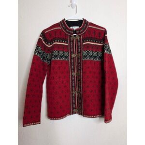 Susan Bristol Women Cardigan Sweater Small Red Wool Nordic Fair Isle Clasps